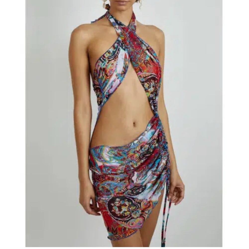 Kim Shui Multicolor Paisley Asymmetrical Halter Cutout Dress